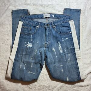 Lakenzie Blue Distressed Boyfriend Jeans with White Stripes